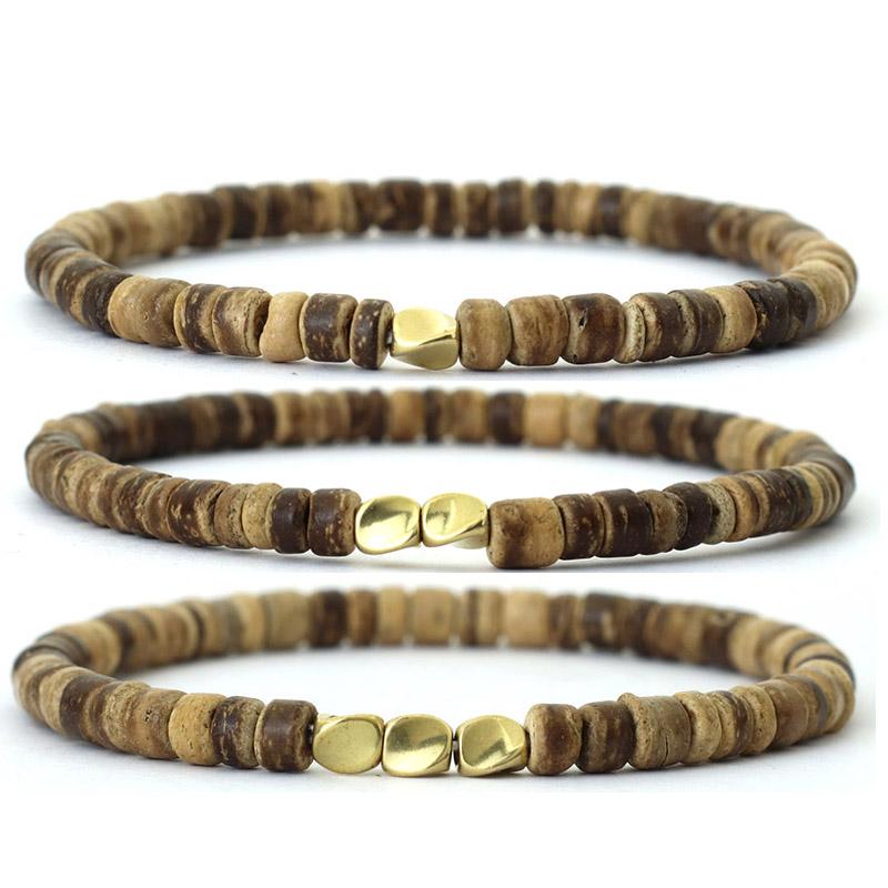 New 3 Pieces Men Bracelet Set 4mm Rice Bead Braclet Homme Natural Wooden Braslet Irregular Copper Charm Stone Brazalete Pulseira