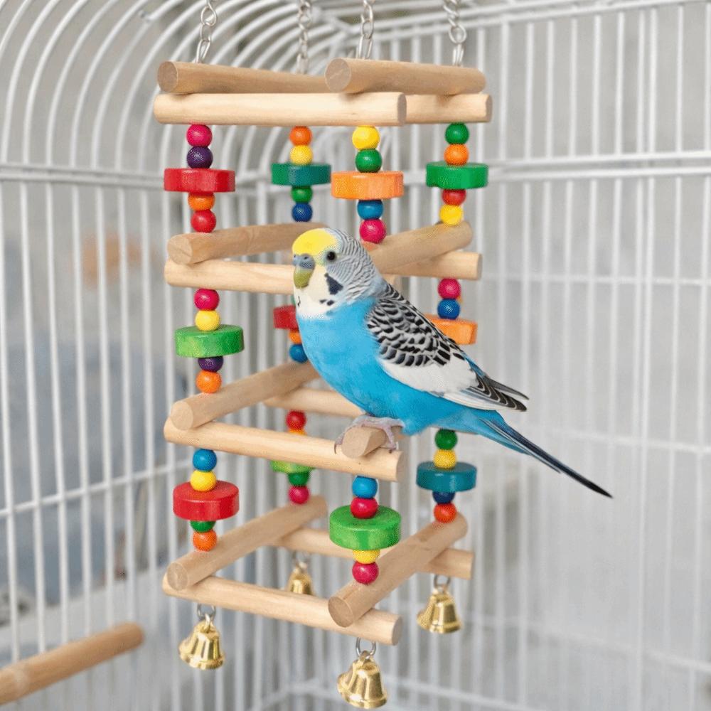 Bunte hängende Holzpapageien-Knabberspielzeuge mit Glöckchen, mehrstöckige, bissfeste Papageien-Schaukel, Interaktionsspielzeug für Vogelkäfige