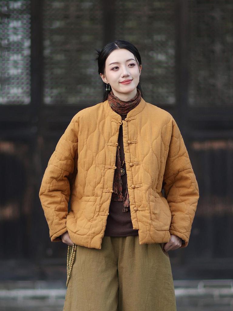 Women's Winter Ramie Quilted Jacket, Retro Stand Collar, Frog Closure