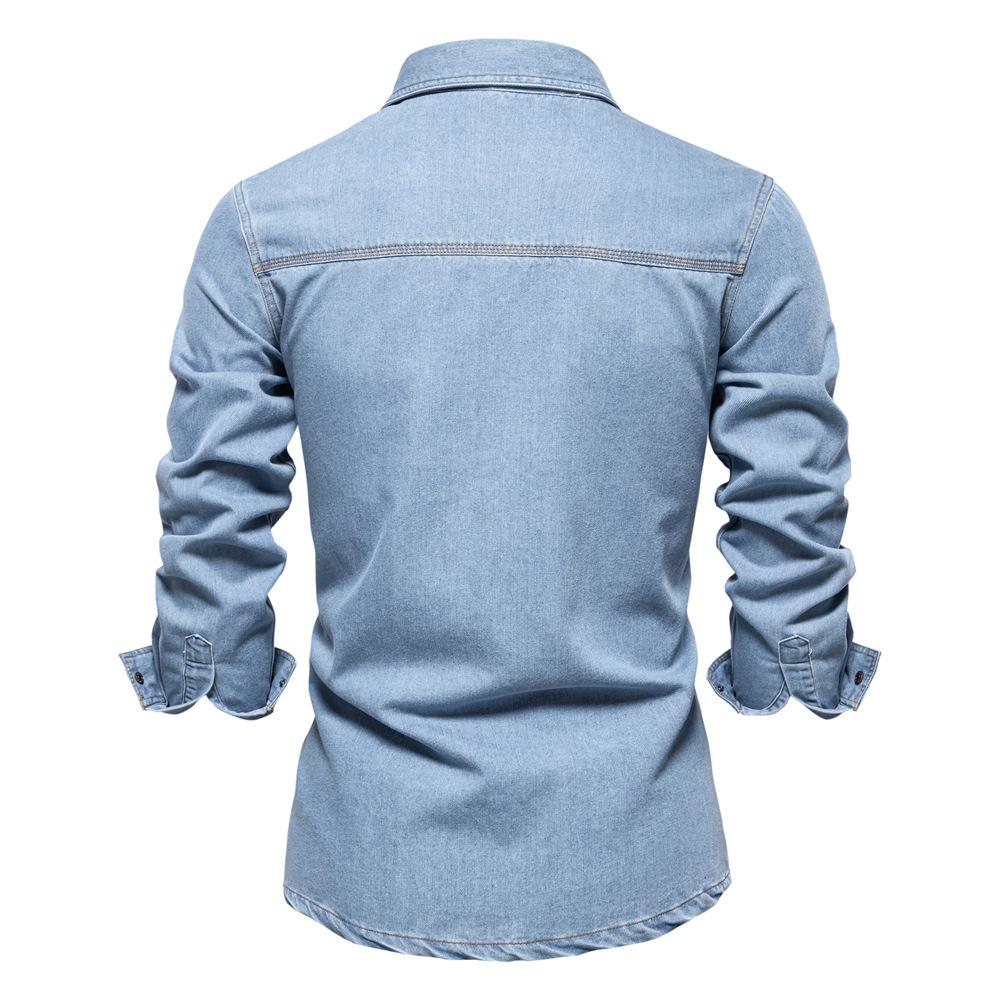 Herrjeansskjorta Casual Slim Fit Knäppning Långärmad Jeansskjortor Andningsbar Bomull Arbete för Män Lättviktig Kavajkrage Jeansskjorta med Bröstfickor