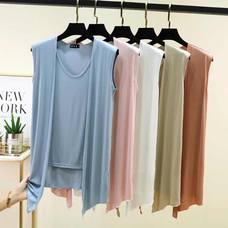 M to 6XL Plu size Women's Faux 2 Piece Tank Top with Cardigan Layered Look Open Front Sleeveless Vest Summer Modal Slim Fit Streetwear Camisole