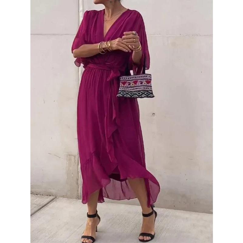 2026 New Plus Size Women's Solid Color Tie-Waist Long Dress with Bat Sleeves and Asymmetrical Hem
