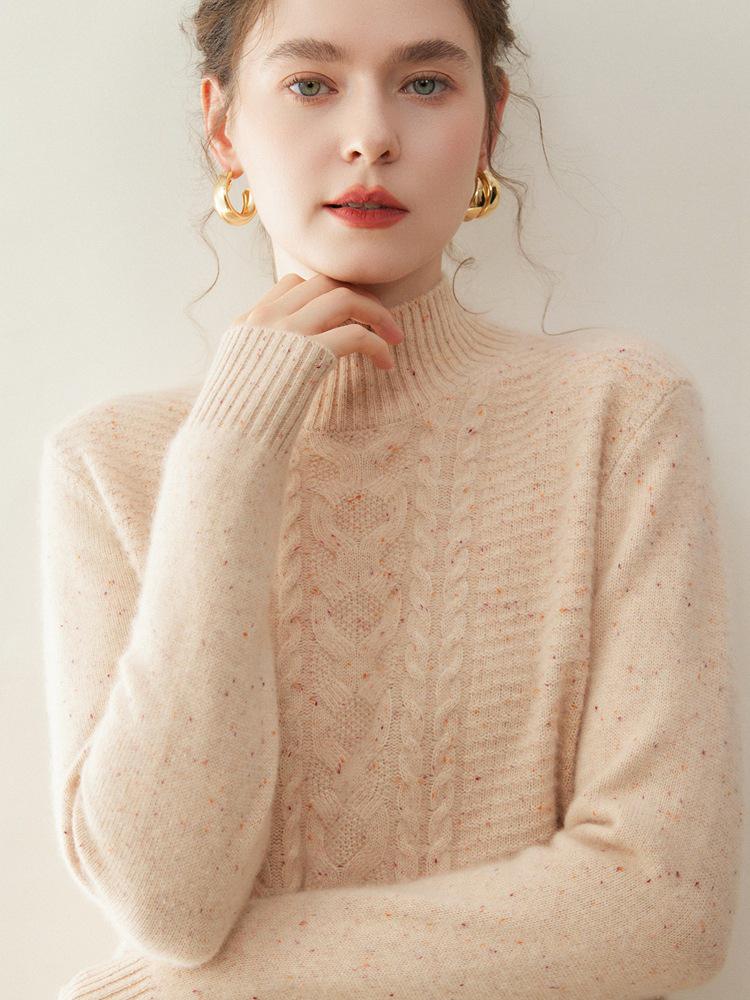 Women's Retro Jacquard Seven-Needle Cashmere Sweater - Thickened Double-Strand, Half-High Neck, Ideal Inner Layer for Autumn and Winter.