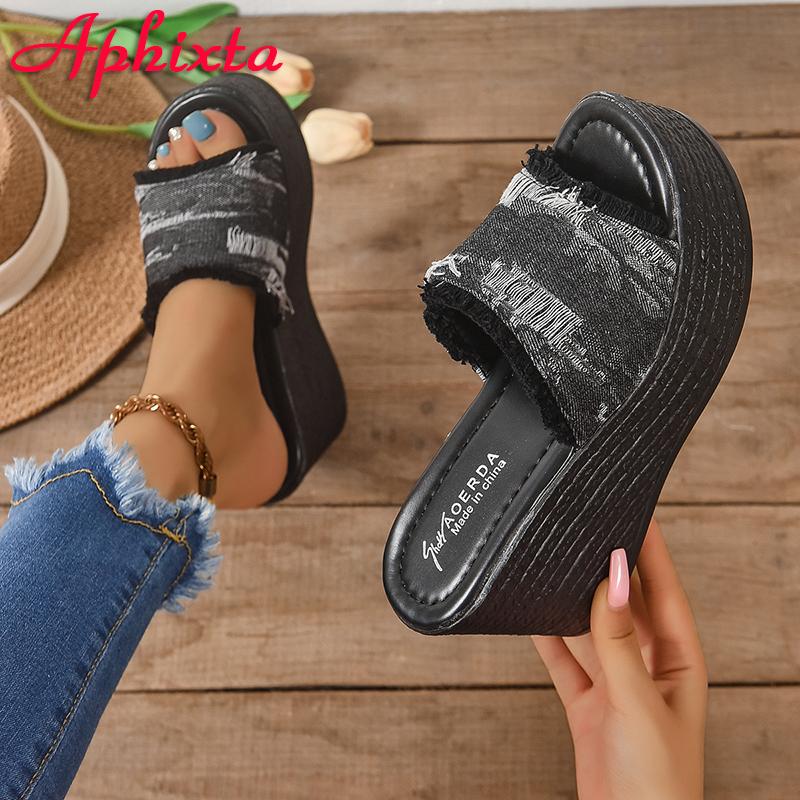 Fashion Aphixta 3.54 Inch Platform Women's Slides Denim Cotton Fabrics Shoes Slippers Jean Wedge Heel Beach Plus Size 42 43