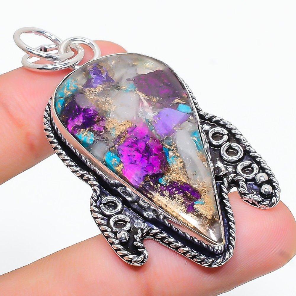 Colgante de Plata de Ley 925 Hecho a Mano con Gema de Ostra Espinosa Natural 2.40" u1G31