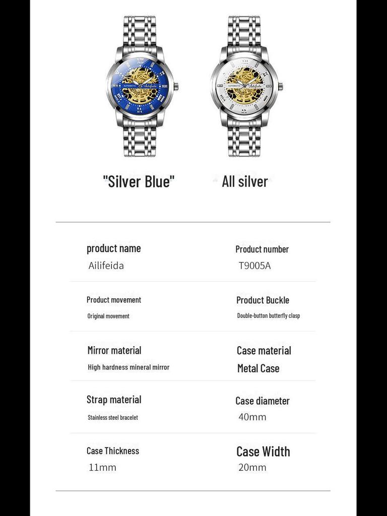 Aili Feida Men's Quartz Hollow Watch with Visible Back and Butterfly Buckle