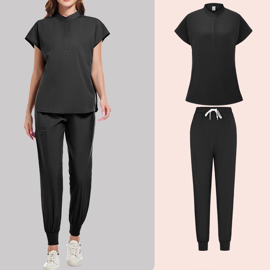 Women's Quick Drying Fabric Solid Color V-neck Pocket Short Sleeved Pants Set Workwear