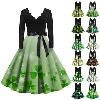 Women's Vintage Classic Dress Long Sleeve  Print Round Neck Swing Dress