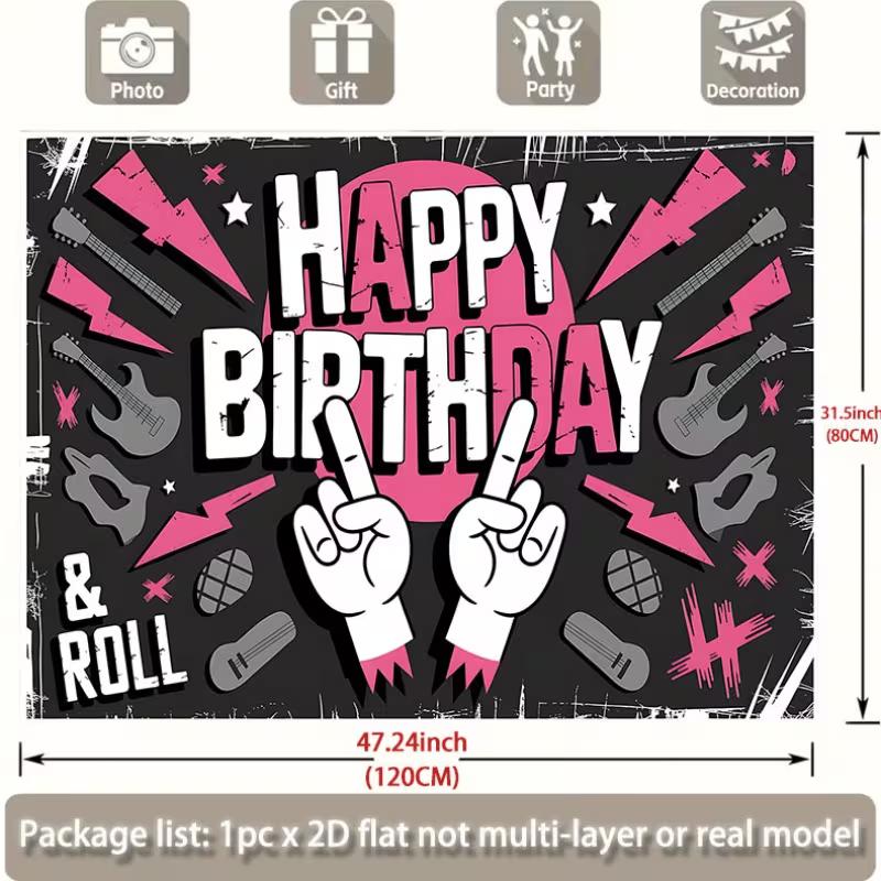 2D Printed Pink Black Rock Birthday Backdrop for Party Photoshoot