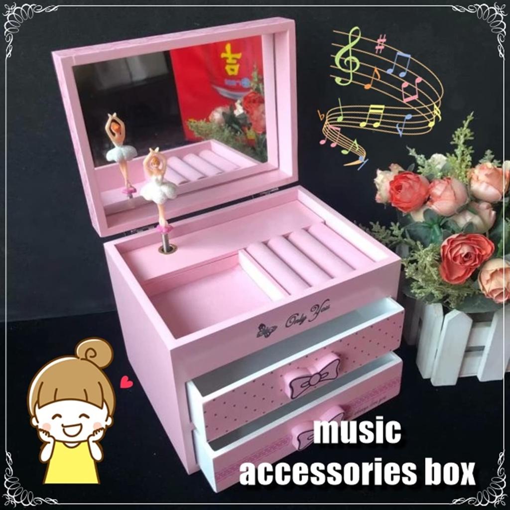 Wooden Jewelry Box with Music and Toy Box and Accessories Children's Box, Mirror, (Bear, Rabbit, Included)
