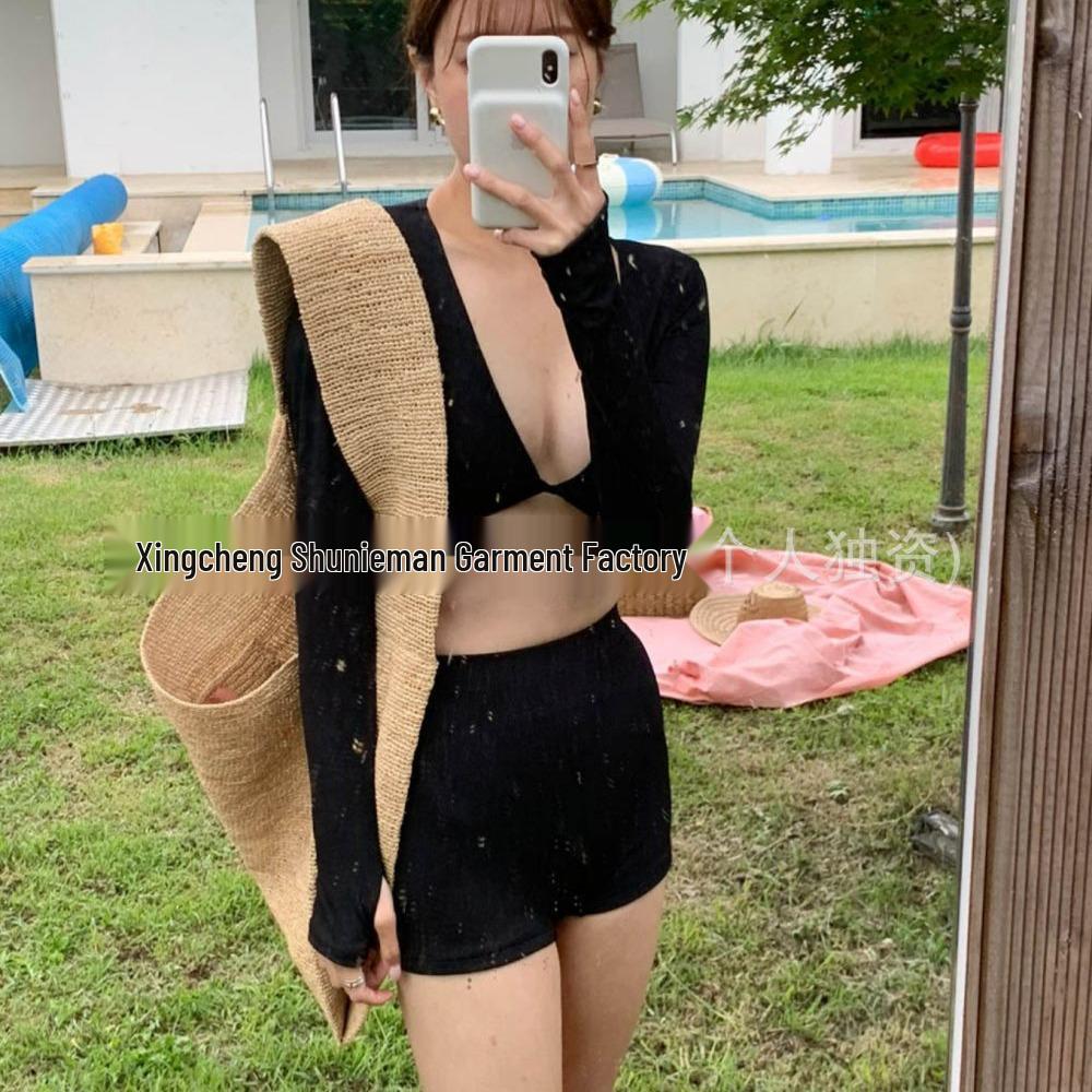 

Таиланд Ретро Женский Купальник Бикини с Длинным Рукавом и Высокой Талией Large чёрный