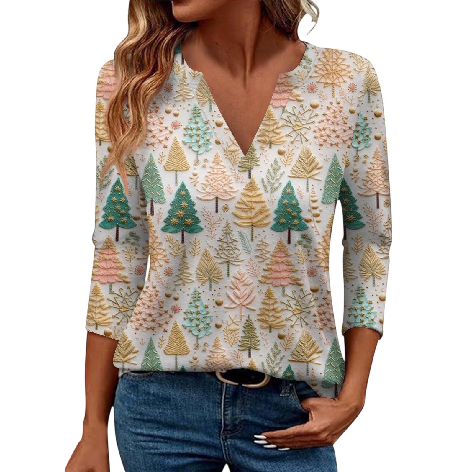 

Women s Casual Fashionable Sexy Comfortable V-Neck Christmas Three-Quarter Sleeve Top XL