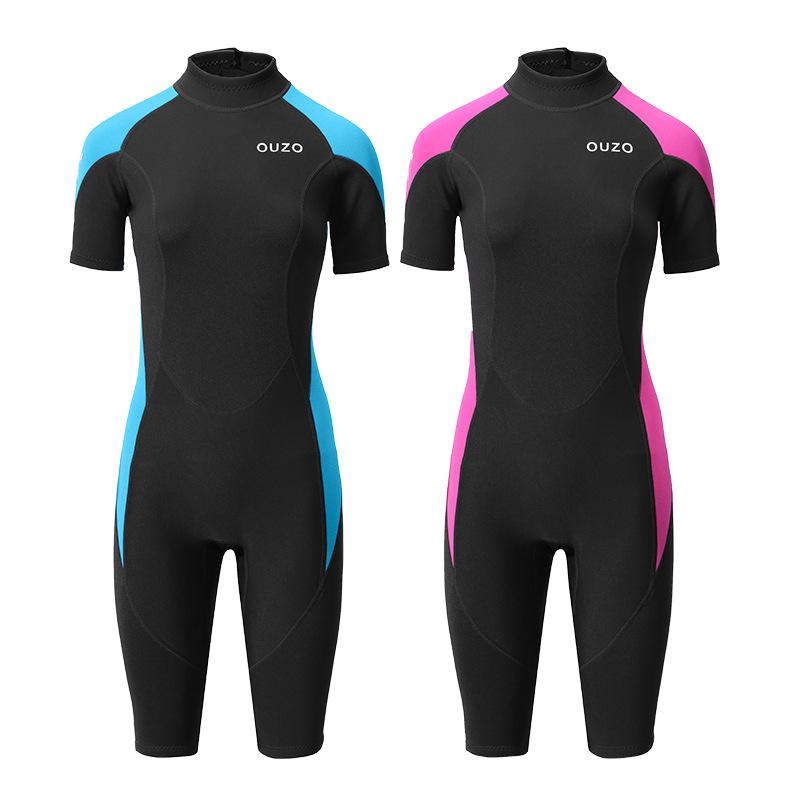OUZO Women's 1.5mm Short Sleeve One-Piece Diving Suit Sun & Cold Protection Warm Surfing Gear with Water Booties & Socks
