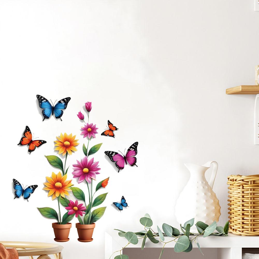 Self-adhesive Creative Colorful Butterflies Flowers Potted Plant Wall Stickers for Living Room TV Bedroom Headboard Home Decor