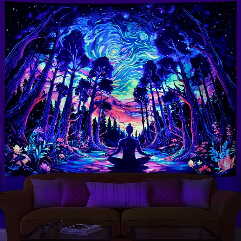 Heopapin Blacklight Psychedelic Forest Meditation Tapestry UV Reactive Cosmic Galaxy Starry Sky Wall Art Tapestry Trippy Yoga Spiritual Chakra Wall