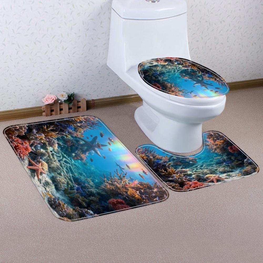 1/4 Marine Organisms Print Shower Curtains, Toilet Seat Decoration, Shower Curtain with Carpet and Toilet Lid, 70.8x70.8 Inch