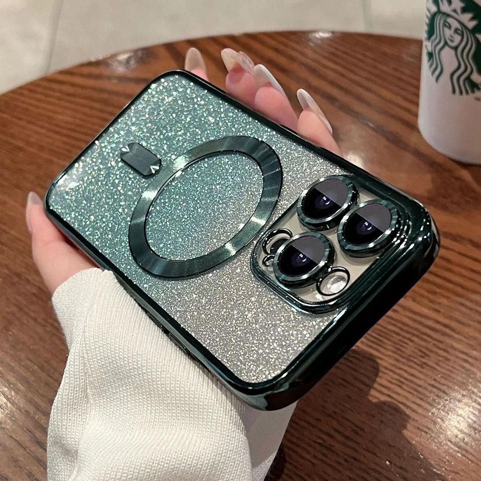 Woman Luxury Plating Glitter Case For Magsafe For iPhone 15 13 11 12 14 Pro Max Plus Accessories Magnetic Wireless Charge Cover