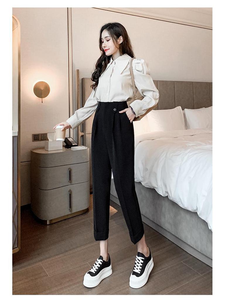 Radish Women's High Waist Cigarette Leg Cropped Pants - Korean Style Harem for Spring/Summer 2026