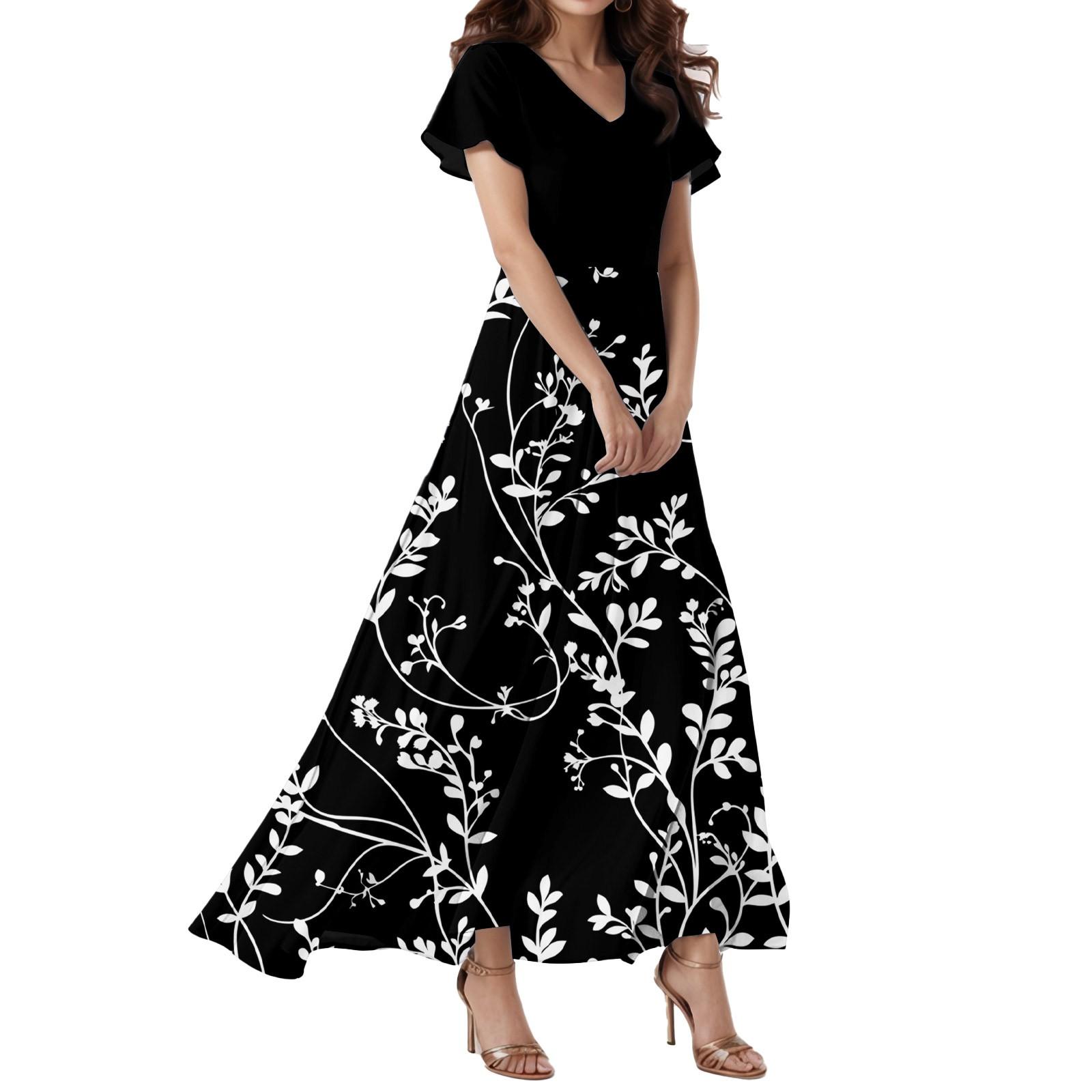 

Women s Loose Casual V-Neck Short Sleeved High Waisted Floral Print Dress Floral Print Dress L чорний