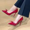 Burgundy Bow French High Heels Women's Patent Leather Temperament Shallow Mouth Pointed Head Thin Heel Single Shoes Gentle Evening Breeze