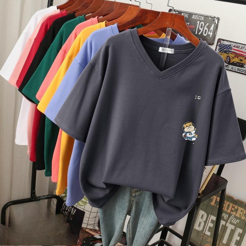 

Женская футболка с коротким рукавом, большого размера, свободная и стройнящая, топ с V-образным вырезом с принтом XL