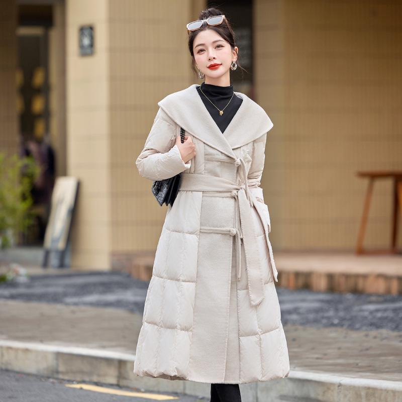 Extra Long Over-the-Knee Down and Wool Coat with Belt and Large Lapel for Autumn & Winter YJ1393
