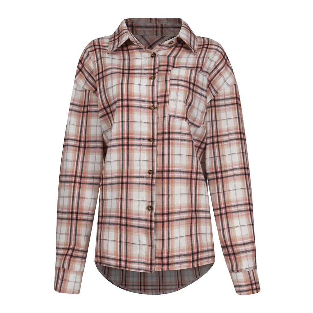 Frauen Lose Top Plaid Farbe Block Langarm Casual Damen Bluse Mantel Hemd Jacke