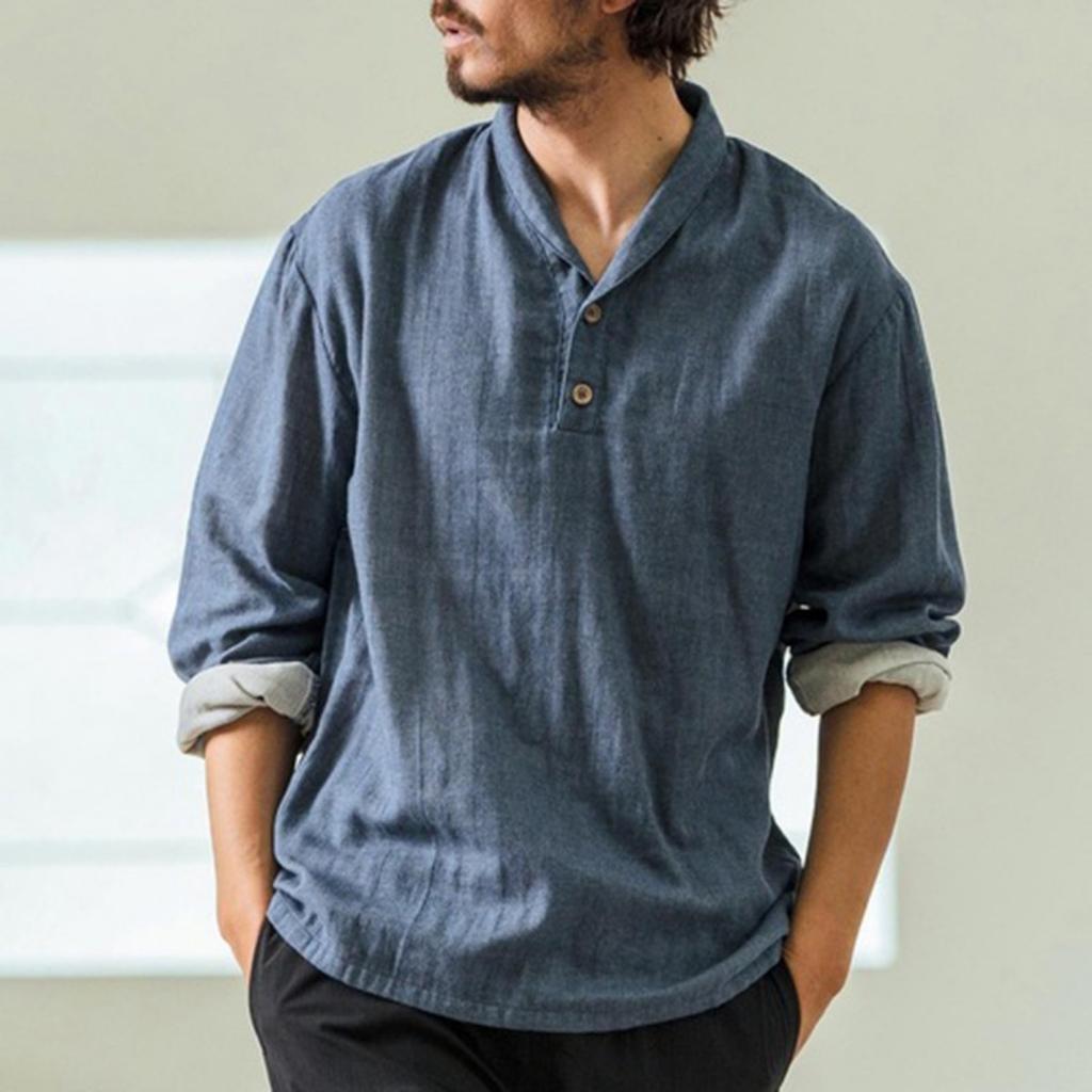 New Men's Imitation Linen Stand Collar Long Sleeve T Shirt Loose Solid Color Long Sleeve Shirt