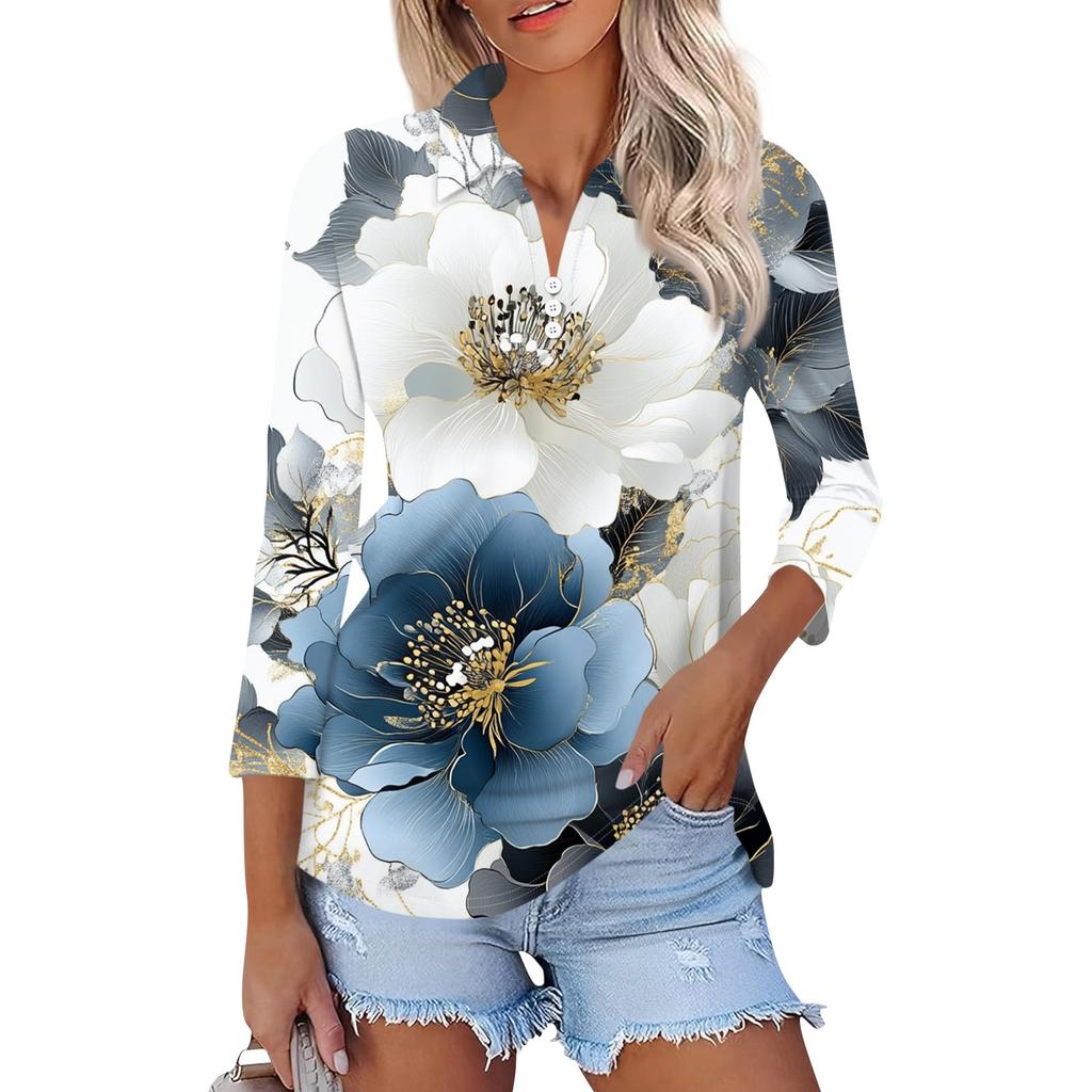 Women's Fashion Casual Lapel 3/4 Sleeve Print Shirt Women's Button Up Tops