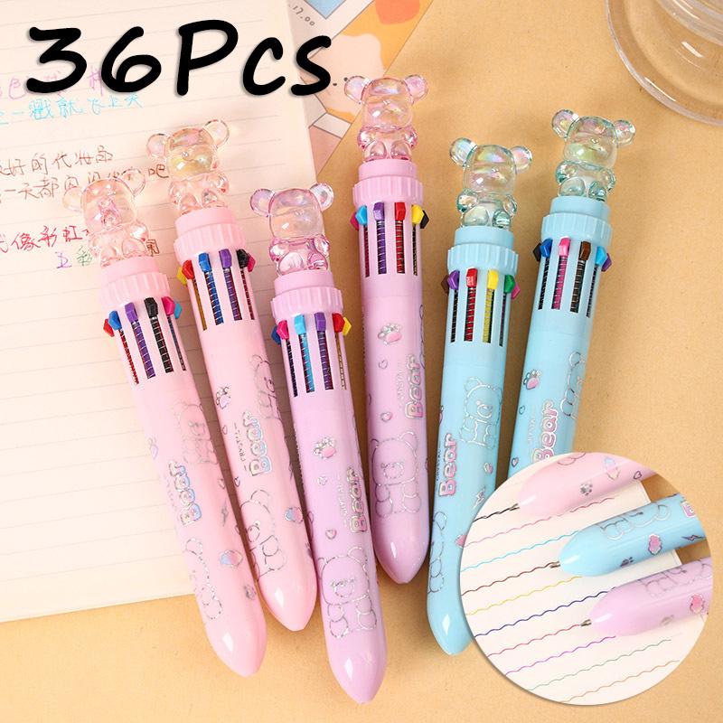 36Pcs with Box Kawaii Cartoon Crystal Bear 10 Color Ballpoint Pen Cute Multi Color Pen Gift Student School Stationery Oliday Gift Novelty Stationery T