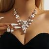 3pcs women's Zircon set, alloy water droplet shaped flower pearl necklace earrings, bride's wedding accessories