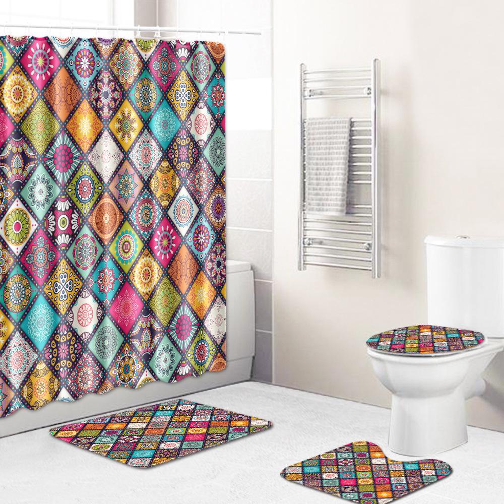 Retro Geometric Bathroom Four-Piece Waterproof Shower Curtain Bedroom Non-Slip Carpet Floor Mat Door Mat