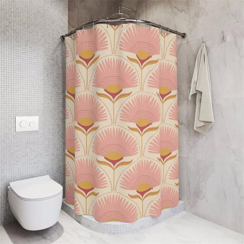 Art Deco Shower Curtain Vintage Bathroom Decor Yellow Pink Shower Curtain Art Floral Pattern Art Nouveau Bath Decor Gift