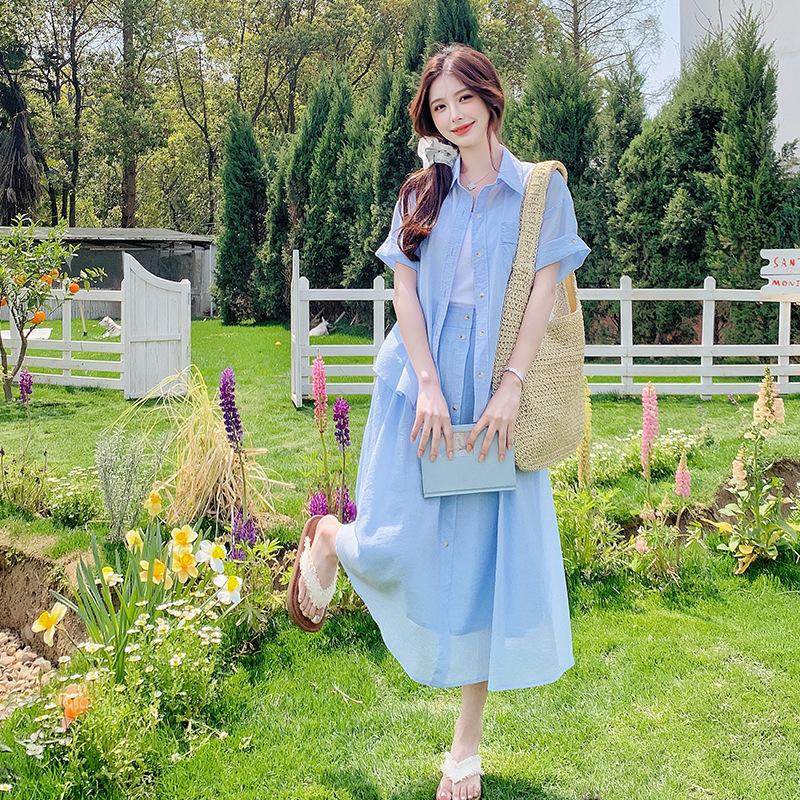 Blue Small Fresh Short-sleeved Shirt Set Skirt Women's Summer New One Set Half-length Skirt Two-piece Set