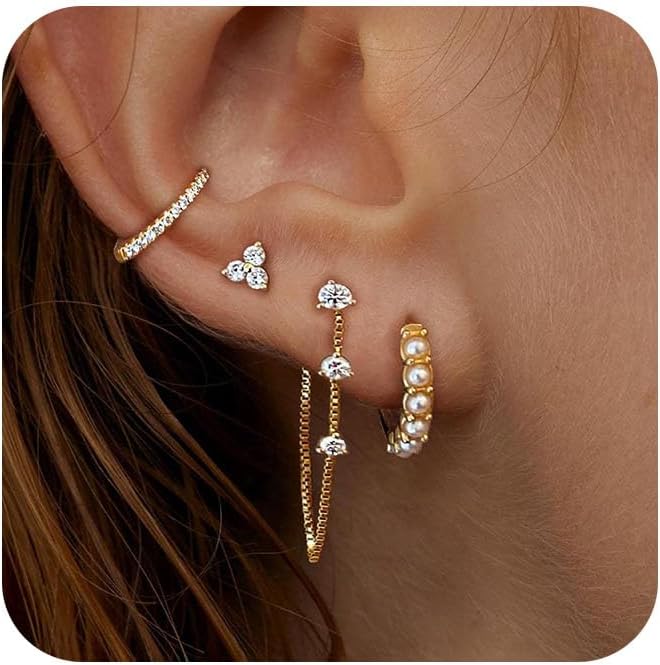 Dainty 14K Gold Plated Pearl Hoop Huggie Earring Set Chain Cartilage Earring Stack Trendy Hypoallergenic Long Drop Stud Earrings