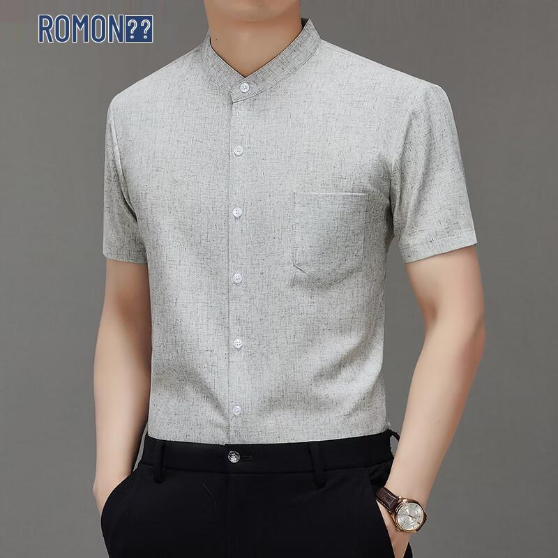 ROMON Men's Casual Linen Blend Stand Collar Short Sleeve Shirt