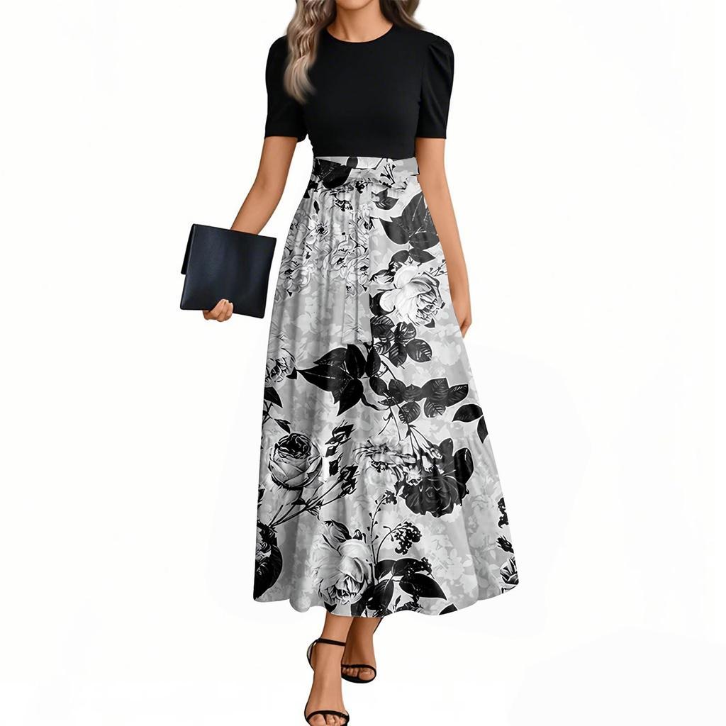 Women's Fashion Casual Belted Round Neck Short Sleeve Floral Patchwork Elegant Dresses