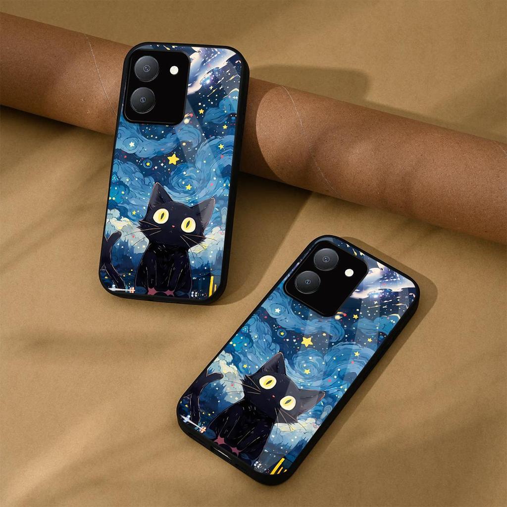 Case for Vivo Y36 5G 4G Y27 Y27s Anime Black Cat Starry Cloud Print Phone Cover Acrylic Hard Back Shell With Flexible TPU Edge