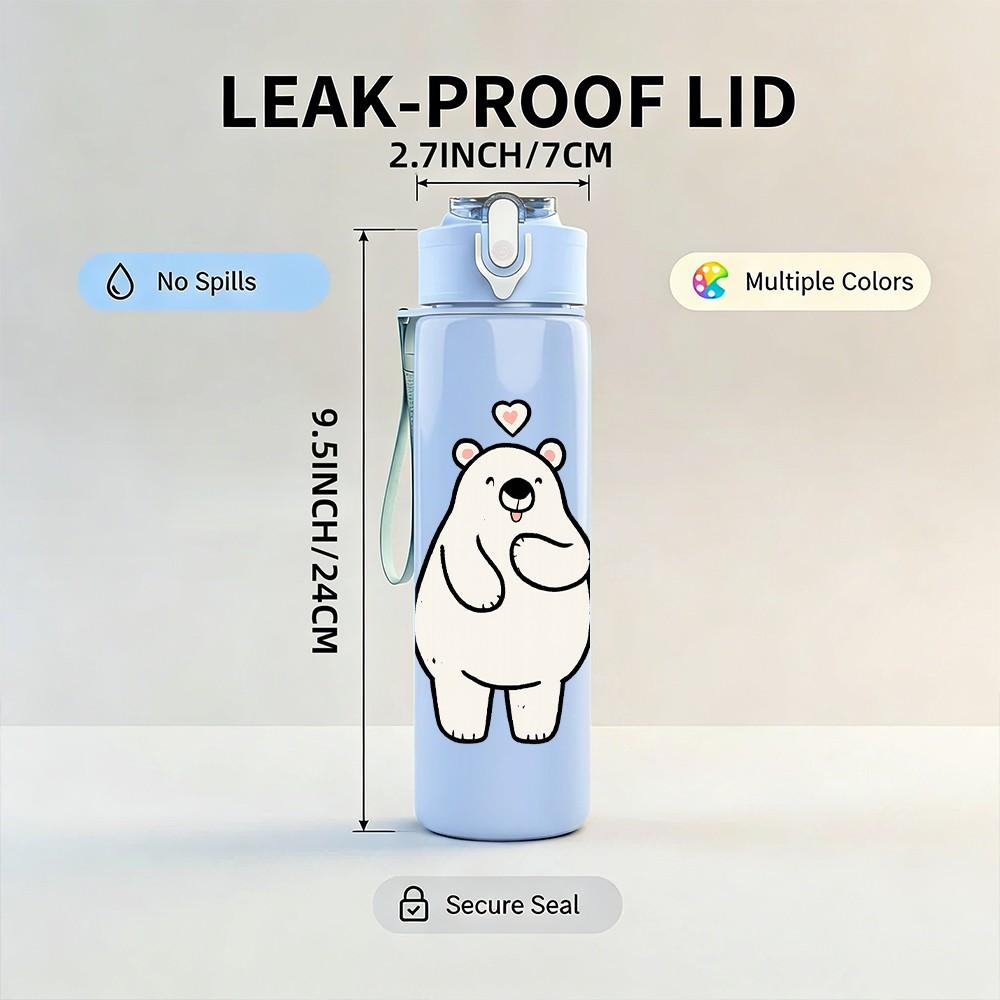 1PC White Polar Bear Heart 750ml Color Plastic Sports Water Bottle Leakproof Flip Straw Lid Suitable for Sports Office Home Use
