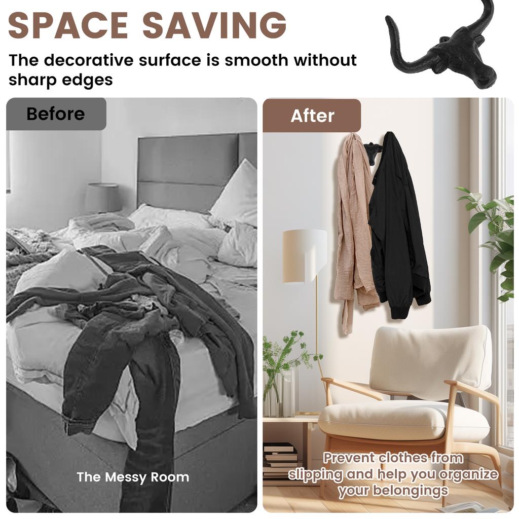 3PCS Outdoor Western Decorative Wall Hooks Heavy Duty Towel Hooks for Bathroom Entryway Closet Cow Bull Animal Hooks Wall Decor