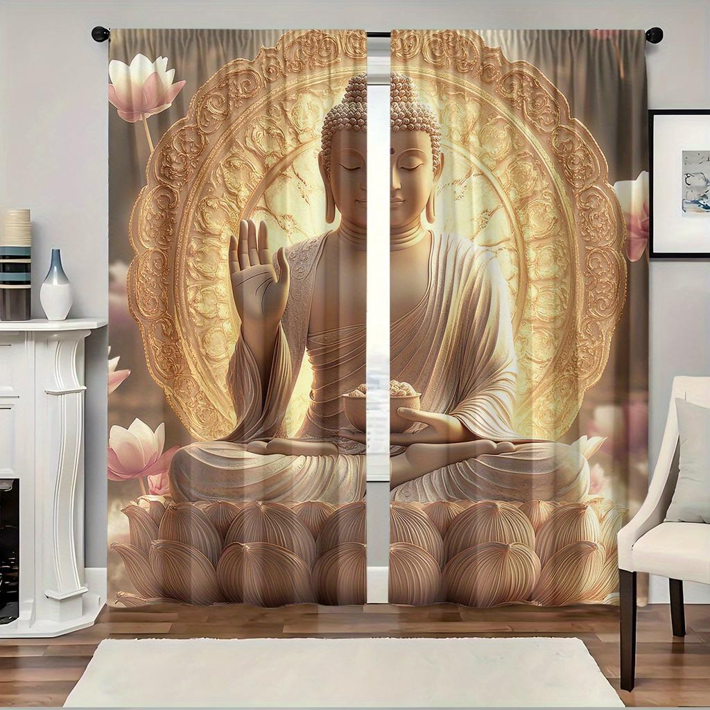 2 Pezzi Tende con Stampa Buddha Motivo Loto Stile Zen Poliestere Dorato Tende da Finestra per Soggiorno Sala Meditazione
