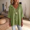 Women's V Neck Three Quarter Sleeve Blouse Loose Fit Ruffle Front Solid Linen Casual Top