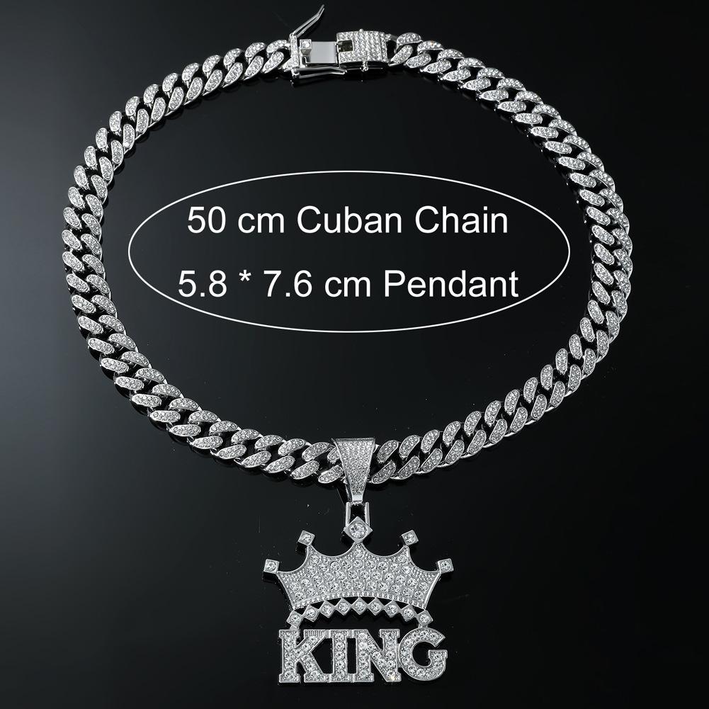 Biżuteria Łańcuch Kubański KING Litera Korona, Męski Streetowy Cool Diamentowy Wisiorek Europejski i Amerykański Naszyjnik Hip Hopowy