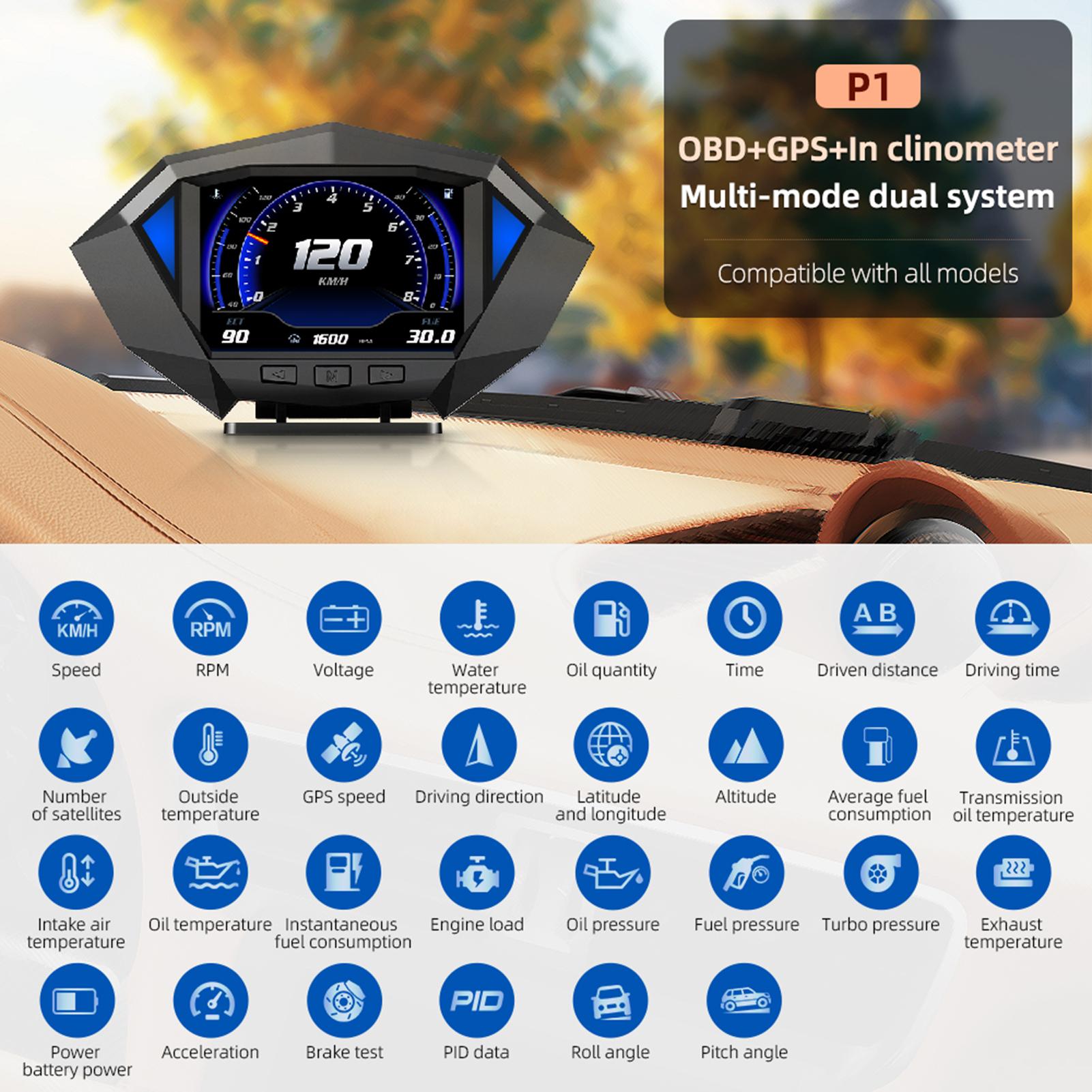 Smart Car Inclinometer Tilt Meter Digital Hd Up Display GPS Speed Meter OBD meter Display Speed, Voltage, Water temperature Roll Angle, Pitch An