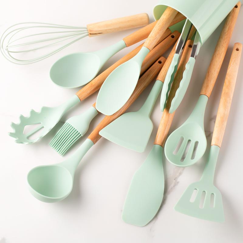 12pcs, Silicone Utensil Set, Khaki Kitchen Utensil Set With Wooden Handle, Safety Cooking Utensils Set, Non-Stick Kitchen Tools