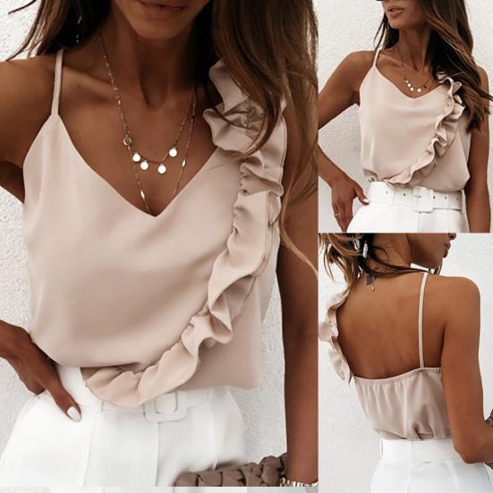 Frauen Sexy Einfarbig Spaghetti Rüschen Strap Rückenfreies Leibchen Weste Bluse