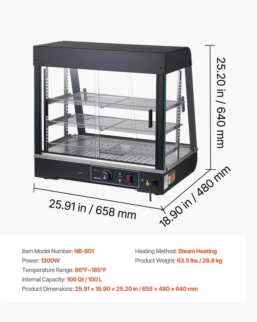 3-Tier Commercial Food Warmer Display, 1200W Food Display Warmer with LED Light, Top Storage and Adjustable Shelves, 30-85 Steam Heating, 106Qt/100L