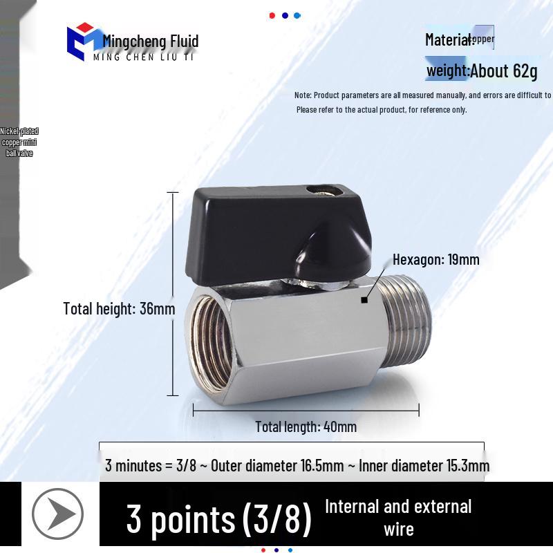 Compact Ball Valve with Double Male/Female Thread, Sizes 1/4", 3/8", 1/2", Pneumatic Polished Electroplated Switch Valve Accessory.