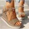 Fashion 2024 New Women Wedge Sandals Summer Bead Studded Detail Platform Sandals Buckle Strap Peep Toe Thick Bottom Casual Shoes Ladies