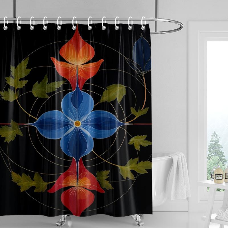 Vintage Floral Shower Curtain-Bold Red and Orange Flowers, Butterfly Background, Waterproof Bath Decoration